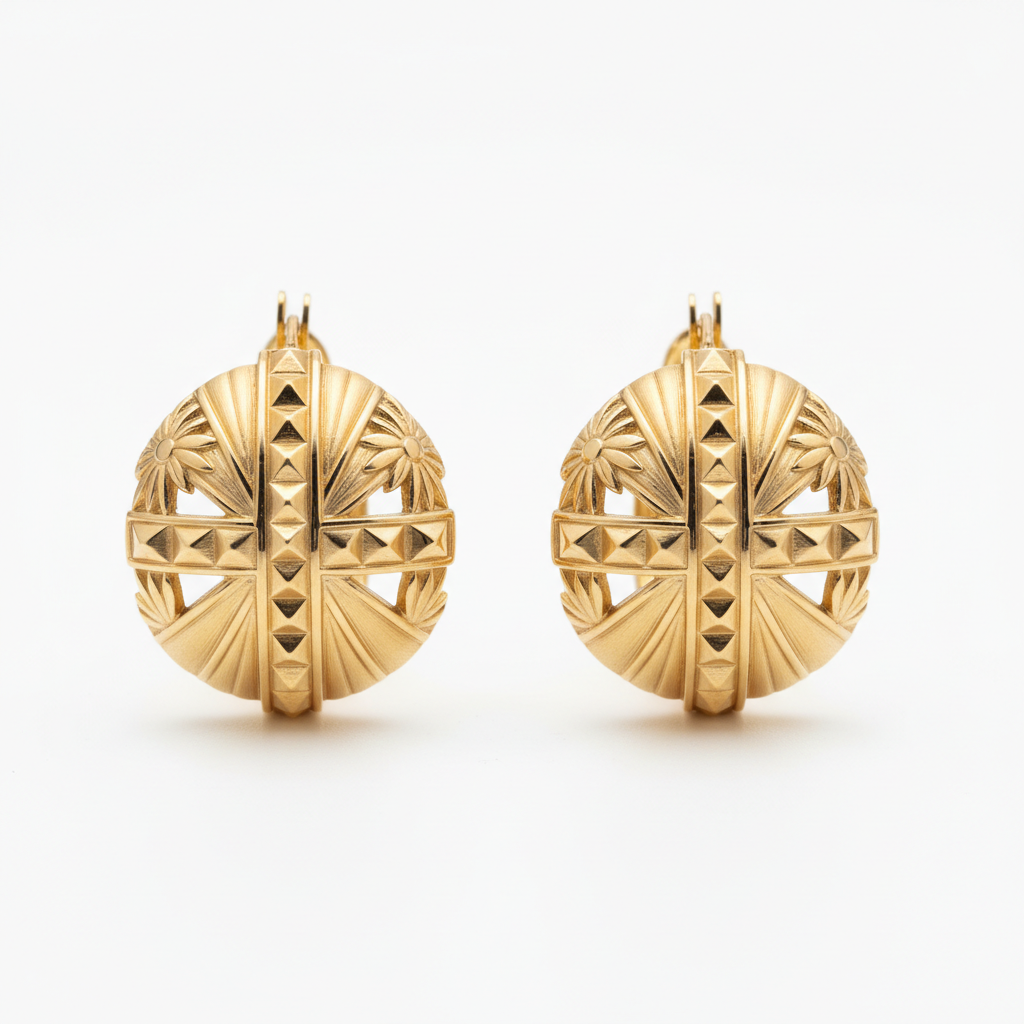 Miami Gold Hoop Earrings with geometric design on white background
